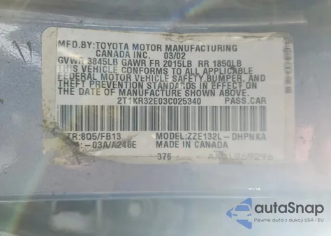 2003 Toyota Corolla Matrix Xr z USA, uszkodzony, nr VIN 2T1KR32E03C025340